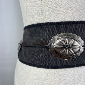 Unbranded Black Canvas Leather Wide Waist Belt Silver Concho Western Boho 29.5in